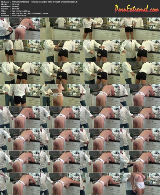 NAUGHTY WAITRESS - TOPLESS SPANKING WITH WOODEN SPOON AND BELT